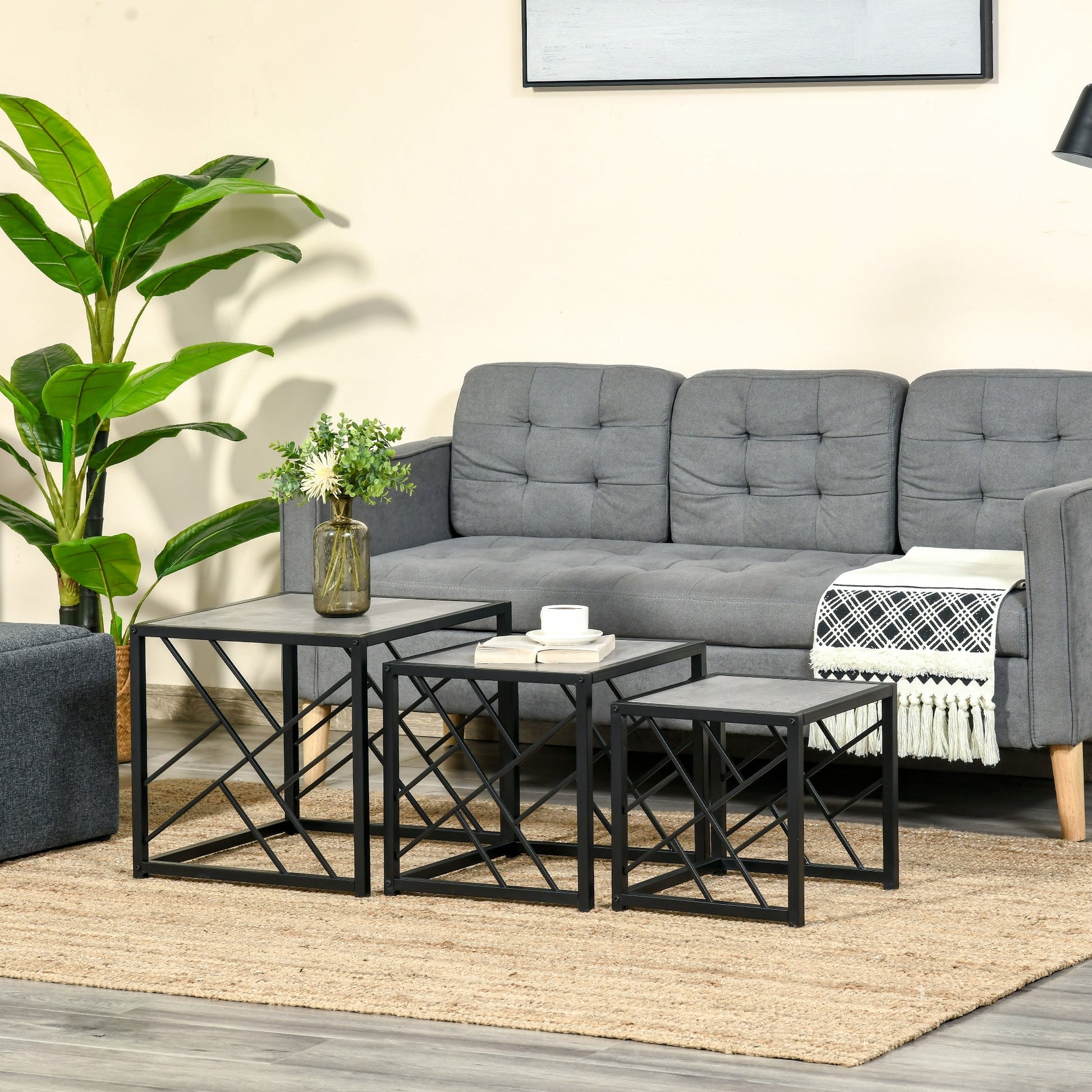 Set of 3 Nest of Tables, Square Side Tables with Black Metal Frame, for Living Room, Bedroom and Office, Grey-1